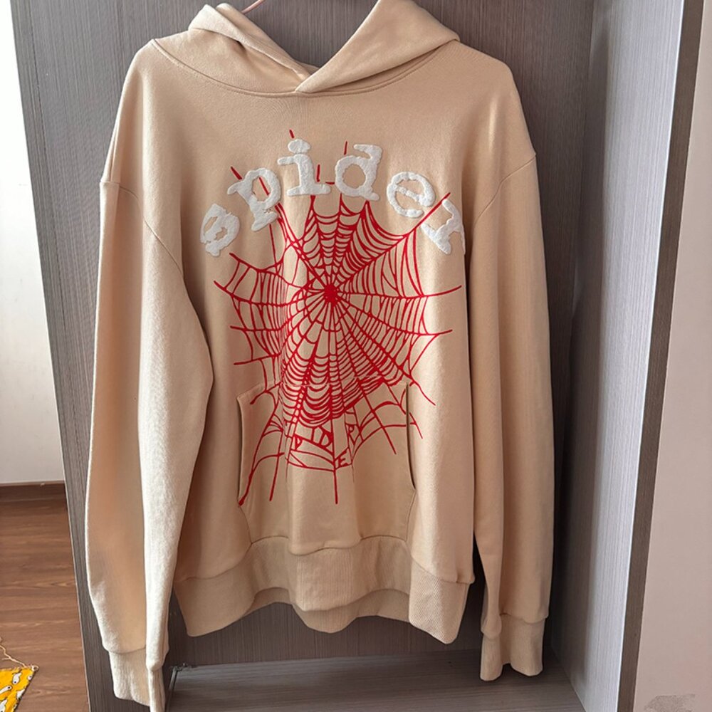 Sp5der Cream Loose Embroidered Spider Logo Hoodie